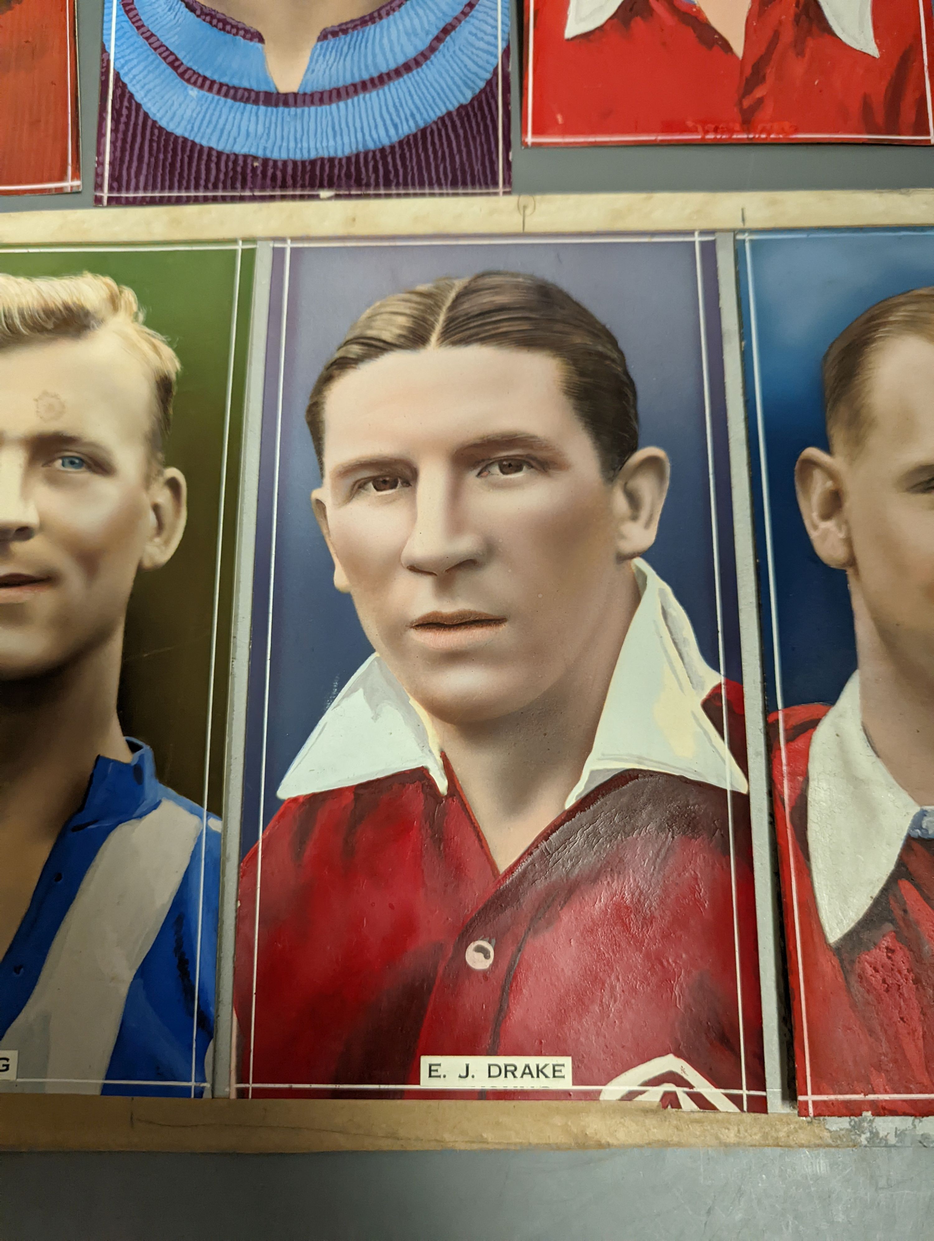 Seven original gouache illustrations of footballers c.1936 for Godfrey Phillips cigarette cards, each 19.5cm x 10.3cm